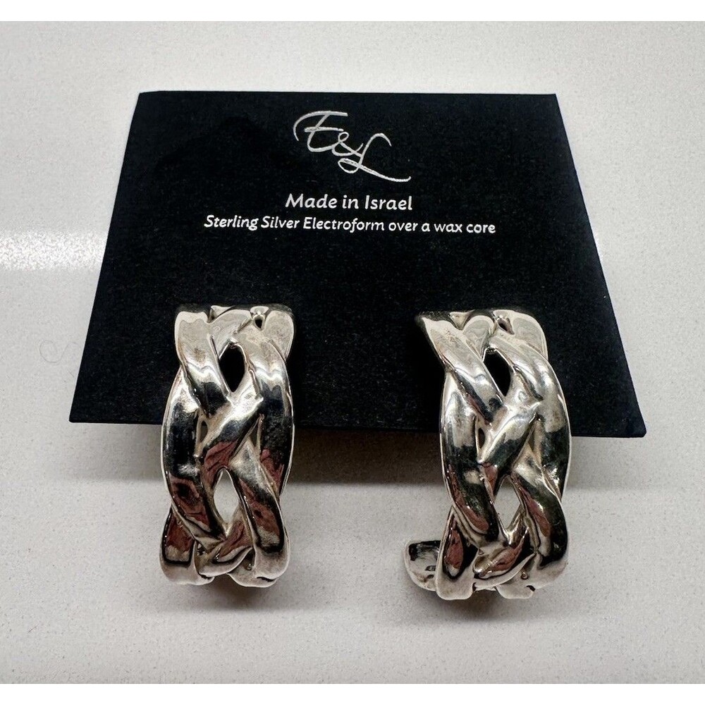 NEW E&L Made in Israel 925 Sterling Silver Electroform Chain Hoop Earrings